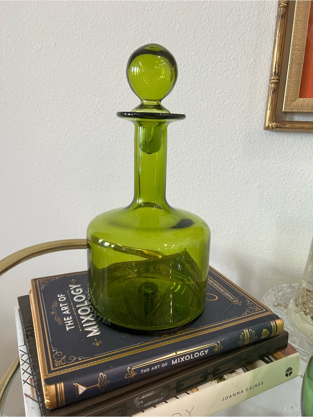 MCM Vintage Art Glass Olive Glass Glass Bottle with Stopper
